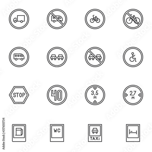 Universal road signs line icons set. linear style symbols collection, outline signs pack. vector graphics. Set includes icons as no overtaking traffic sign, speed limit 40, warning to speed, parking