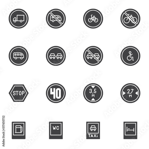 Universal road signs vector icons set, modern solid symbol collection, filled style pictogram pack. Signs, logo illustration. Set includes icons as overtaking traffic sign, speed limit 40, parking