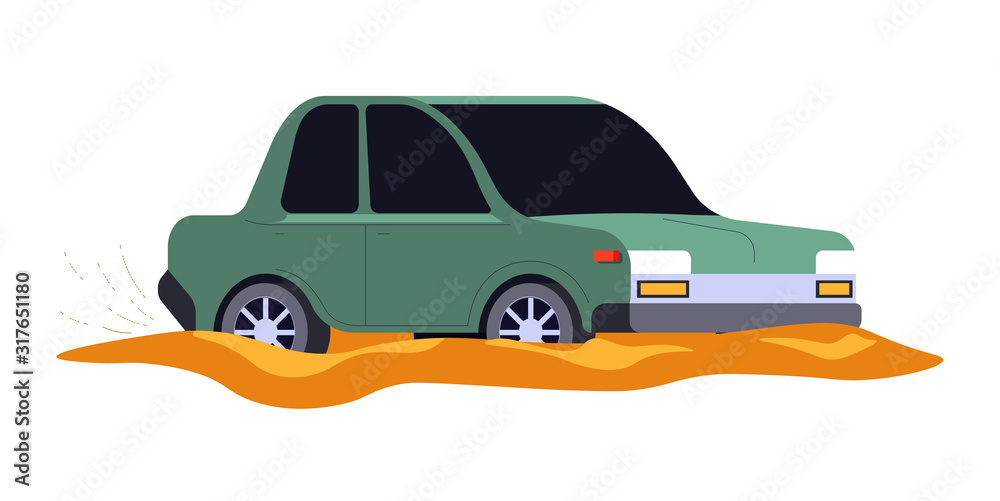 Car accident, vehicle stuck in mud or dirty puddle isolated icon