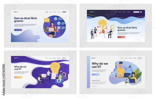 Corporate work set. Professionals using laptops, presenting reports at lightbulb. Flat vector illustrations. Business project, startup concept for banner, website design or landing web page