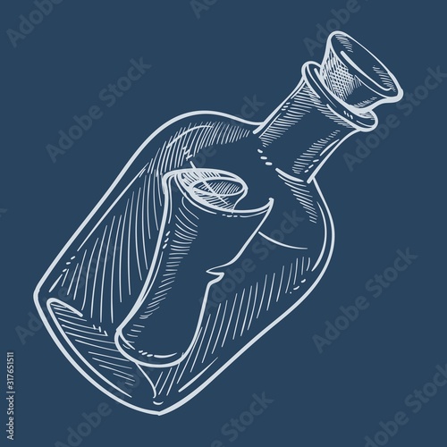 Bottle with note isolated sketch or chalk drawing, marine symbol