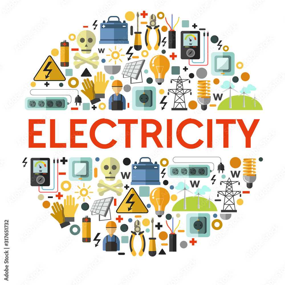 Electricity icons on banner, electrician tools and energy generation Electricity icons on banner, electrician tools and energy generation