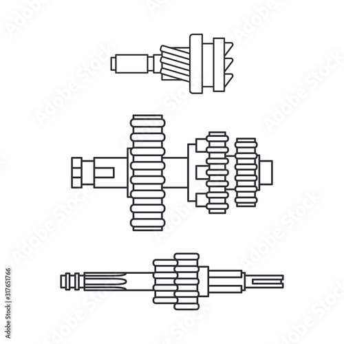 Line vector icon set auto moto parts accessories gear. Repair service equipment. Engine elements shop catalog. Vintage vehicle symbol. Motorcycle mechanic. Transportation. Graphic element background