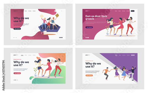 Friendly party set. Friends and couples dancing on couches. Flat vector illustrations. Having fun, leisure, celebration, meeting people concept for banner, website design or landing web page
