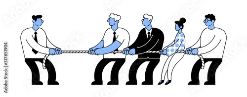 Businessman leader tug of war against team of employees. Business competition or pareto principle concept. Conflict management. Flat vector illustration, isolated on white background.
