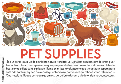 Pet supplies banner template with dog and cat care accessories