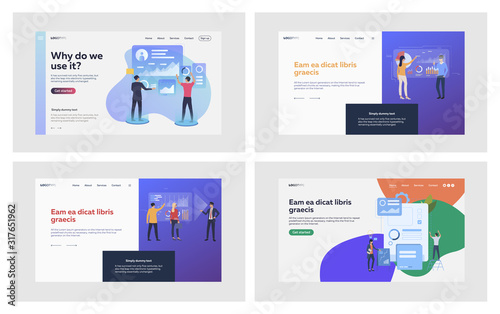 Businesspeople analyzing infographics set. Interactive, diagrams, virtual presentations . Flat vector illustrations. Business, VR technology concept for banner, website design or landing web page