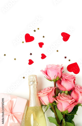 Valentine's day, birthday background. Bouquet of pink roses flowers, gift box...