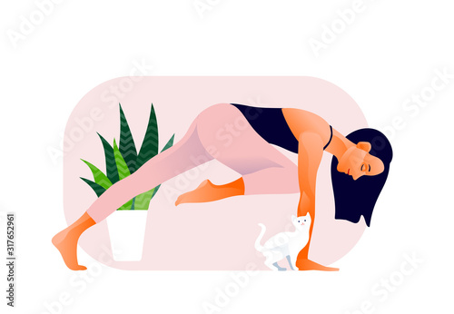 Woman practicing yoga exercise, yoga pose. Cat bothers. Design concept of web page design or mobile website. International Yoga Day. Vector illustration