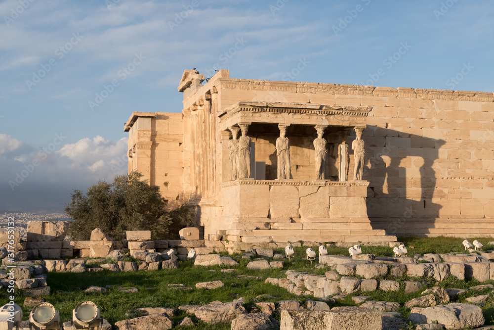 Fototapeta premium Athens, Greece - Dec 20, 2019: Erechtheion Temple with Caryatids, Caryatid Porch, Acropolis, Athens, Greece