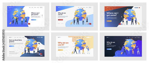 Set of busy and casual people travelling around world. Flat vector illustrations of men and women navigating world map. Leisure and business trips concept for banner, website design, landing web page