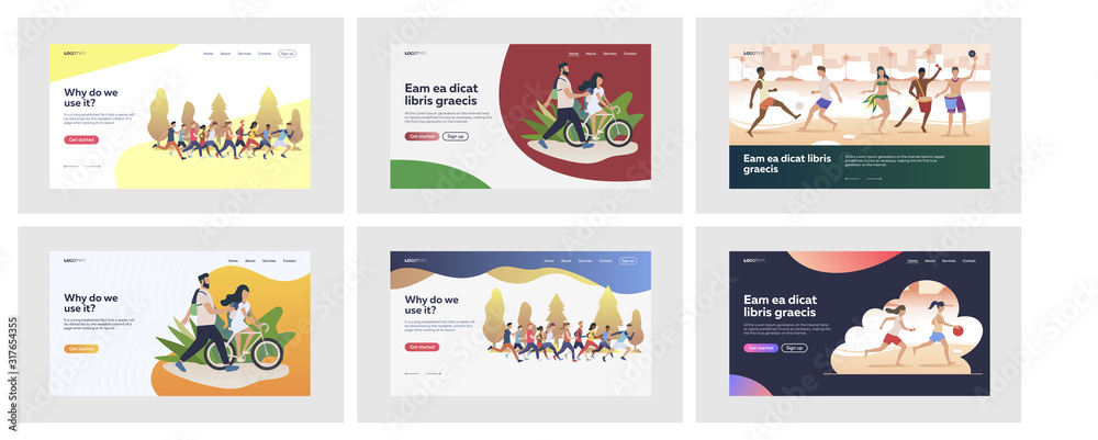 Set of sporty people doing activities outside. Flat vector illustrations of men and women making exercises outdoors. Sport and active lifestyle concept for banner, website design or landing web page - obrazy, fototapety, plakaty 