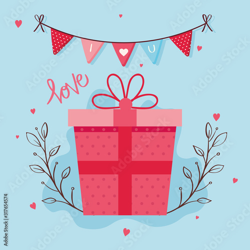 happy valentines day card with gift box and decoration