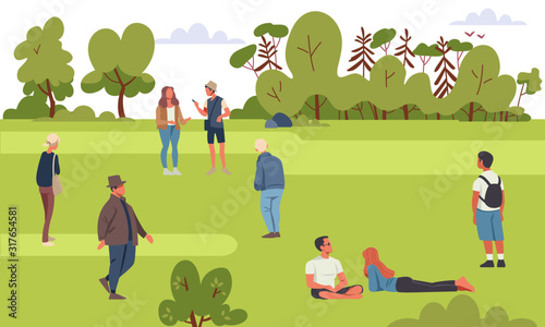 Characters spend leisure time in summer park set. Active pastime on nature at park. Cartoon colorful vector illustration