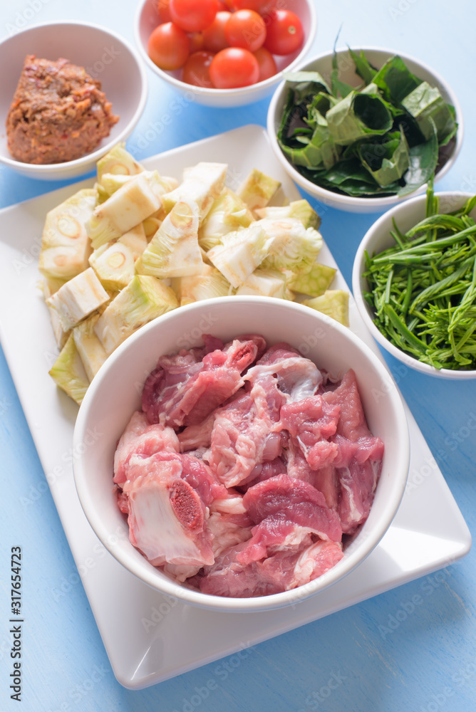 Food ingredients for making Kaeng Khanun-on (Curry Young Jackfruit), Northern Thai local food