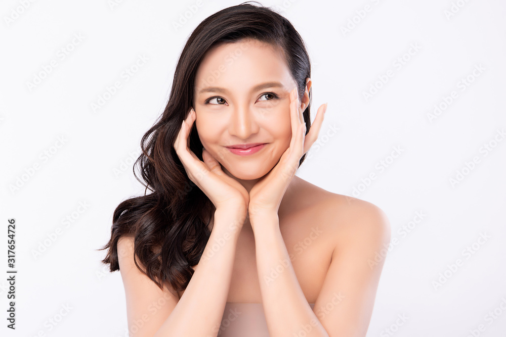 Portrait beautiful young asian woman clean fresh bare skin concept. Asian girl  beauty face skincare and health wellness, Facial treatment, Perfect skin,  Natural make up, on white background,two Stock Photo