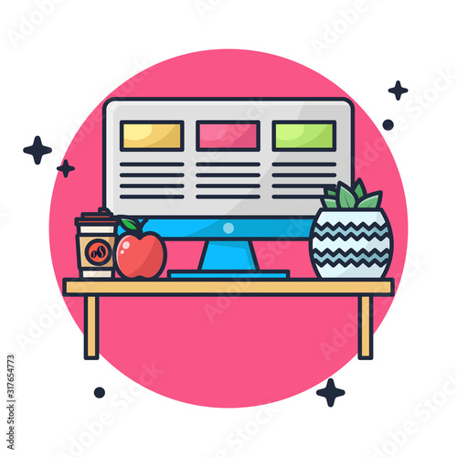 Work Desk, Coffee and apple with Cactus Plant Vector Illustration photo