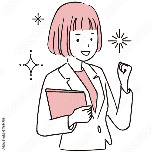 手描き1color  女性 おかっぱ ガッツポーズ
