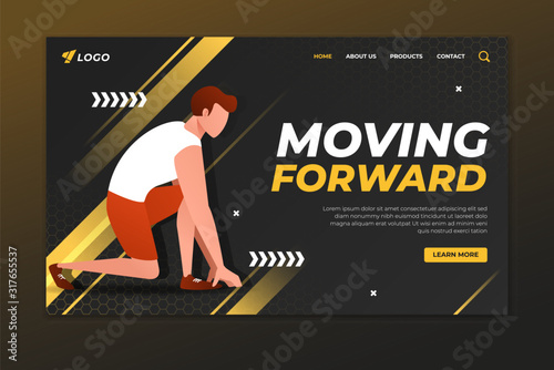 Sport landing page with man ready to run illustration. Sport web page template design