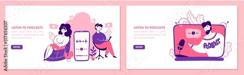 Listening to podcasts flat vector landing page templates set
