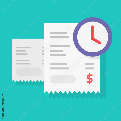 Payment schedule time notification reminder or money budget transaction waiting vector, flat cartoon timer or clock with paper receipts, annual tax pay time awaiting image
