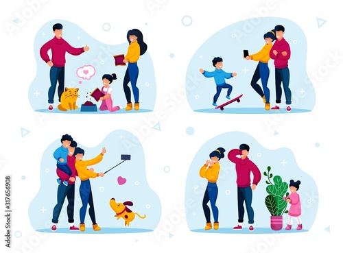 Family Hobbies and Entertainments Trendy Flat Vector Concepts Set. Parents with Child Feeding Cat, Photographing Sons Skateboard Trick, Shooting Selfie, Playing in Hide-and-Seek Isolated Illustrations