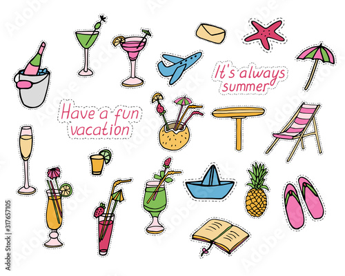 Big summer set of beach party stickers. Vector illustration of cocktails and beach attributes: chair, flip flops, table, book, umbrella, starfish, fruits, paper boat. Hand drawn color doodle style.