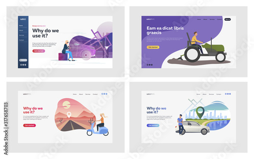 Driving vehicle set. Driver training with car simulator, riding scooter, tractor. Flat vector illustrations. Transport, transportation, moving concept for banner, website design or landing web page