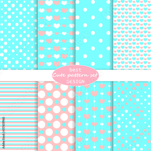 Cute set. Polka dot, stripes, hearts pattern.