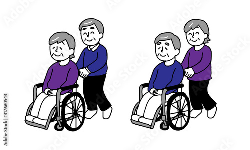 車椅子と老夫婦セット（シンプル）