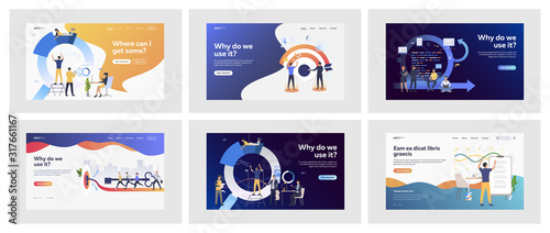 Set of business people working on projects together. Flat vector illustrations of men and women in suits during teamwork. Business and career concept for banner, website design or landing web page