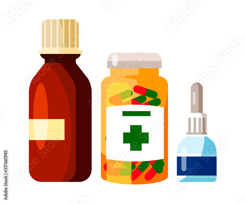 Pharmaceutical syrup, tablets, drops on white set