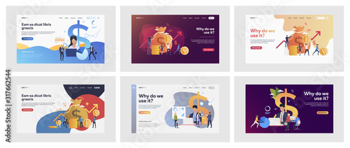 Set of business people obsessing over money. Flat vector illustrations of men and women in suits making money at work. Business and earning concept for banner, website design or landing web page