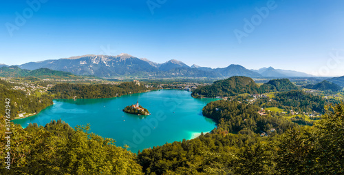 Aerial panoramic view on the Pilgrimage Church of the Assumption of Maria on the Lake Bled © nordantin