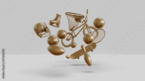 Random gold sports equipments on simple background. Minimalist 3D illustration