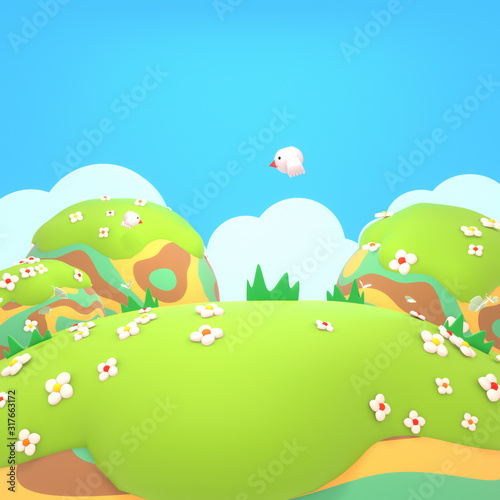 Cartoon mountain landscape and cute bird. 3d rendering picture.