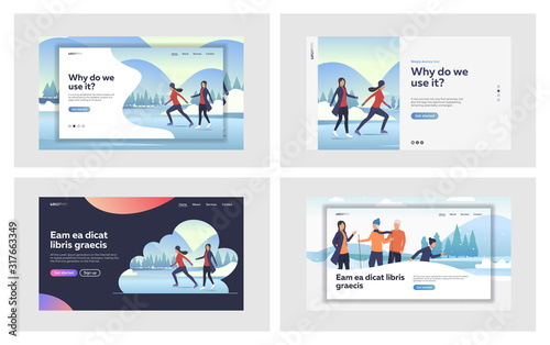 Winter activities set. Active people skating on ice, walking outdoors. Flat vector illustrations. Hobby, recreation, vacation concept for banner, website design or landing web page