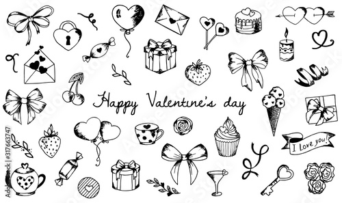 Set of cute hand drawn elements about love. Design elements isolated on white. Happy Valentine s Day background.