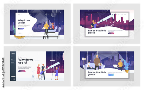 Night activity set. People watching stars through telescope, using laptop at window. Flat vector illustrations. Leisure, evening in city concept for banner, website design or landing web page