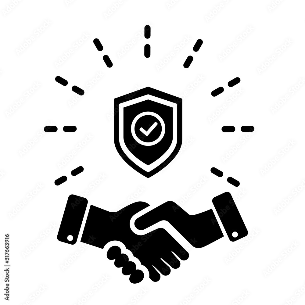 Trust partnership in business vector icon, safe deal illustration sign, handshake with shield symbol. Trust partnership in business vector icon, safe deal illustration sign, handshake with shield symbol.