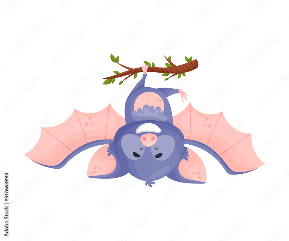 Cartoon Bat Character Hanging Upside Down Vector Illustration Stock