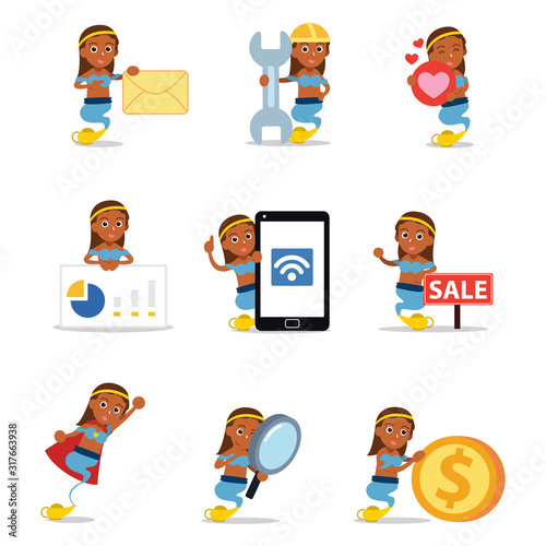 Set of character women genie in a bottle.