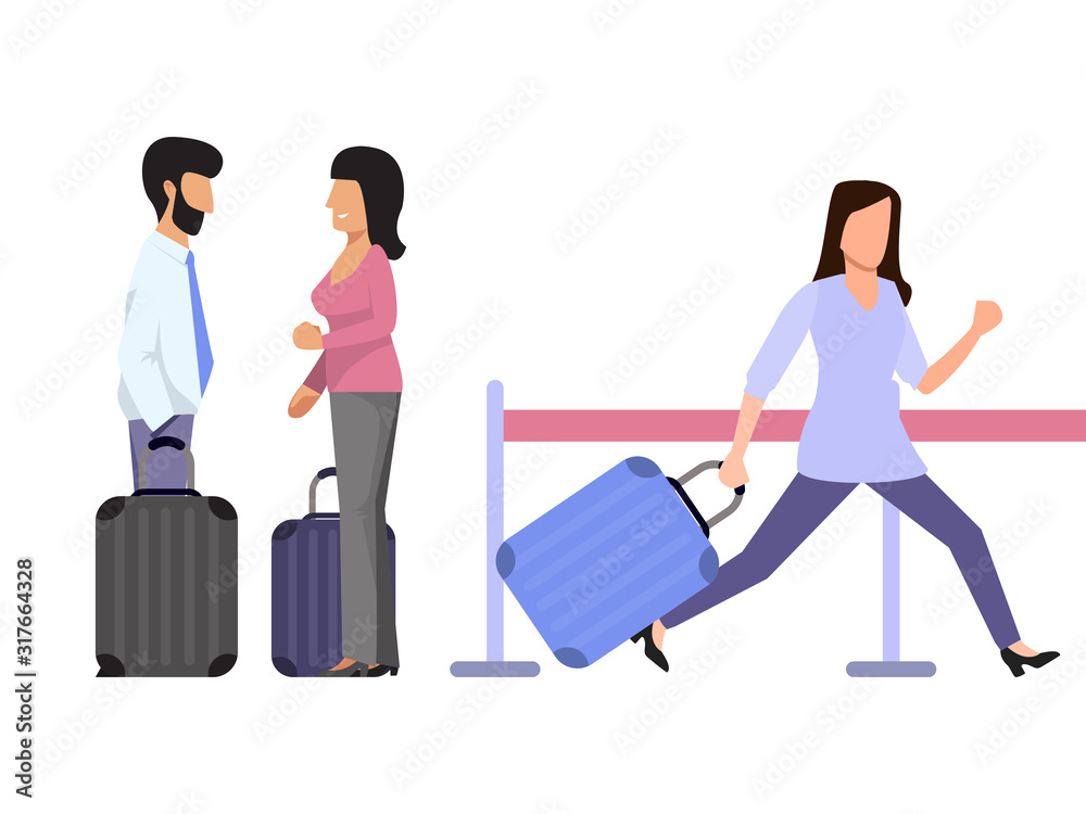Late passengers runs at the airport. Woman tourist with luggage runs to the airport gate. Couple tourists talking each other. Girl hurries aboard the plane vector illustration Late passengers runs at the airport. Woman tourist with luggage runs to the airport gate. Couple tourists talking each other. Girl hurries aboard the plane vector illustration