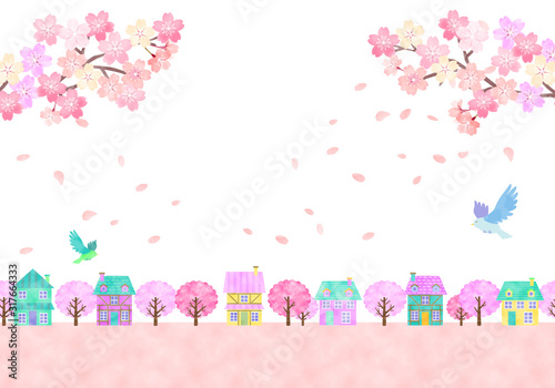  	桜と春の街並み　手描き水彩風イラスト