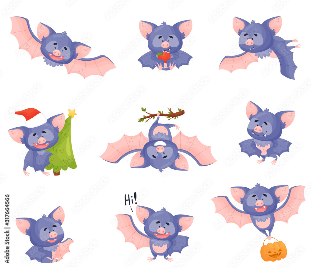 Funny Purple Bat Character in Different Poses Vector Set Funny Purple Bat Character in Different Poses Vector Set
