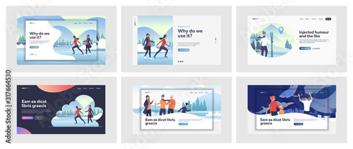 Set of casual people in winter and in aquarium. Flat vector illustrations of men and women doing activities outdoors. Leisure and active lifestyle concept for banner, website design, landing web page