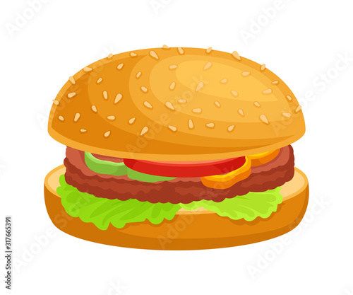 Closeup Hamburger with Vegetables and Patty Cake Isolated on White Background Vector Illustration