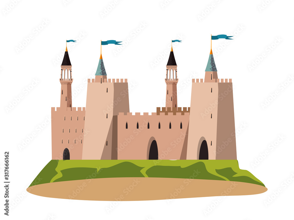 Stone medieval castle facade isolated on white