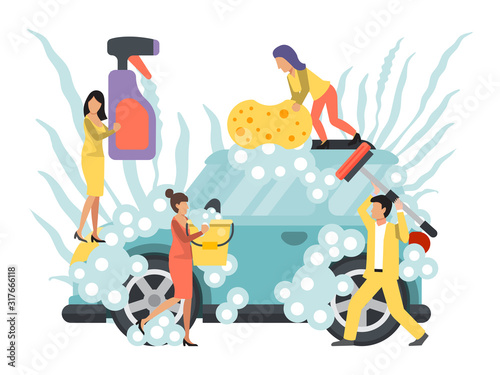 Car wash, self-service concept. People washing cars vector illustration. Cleaning automobiles business service