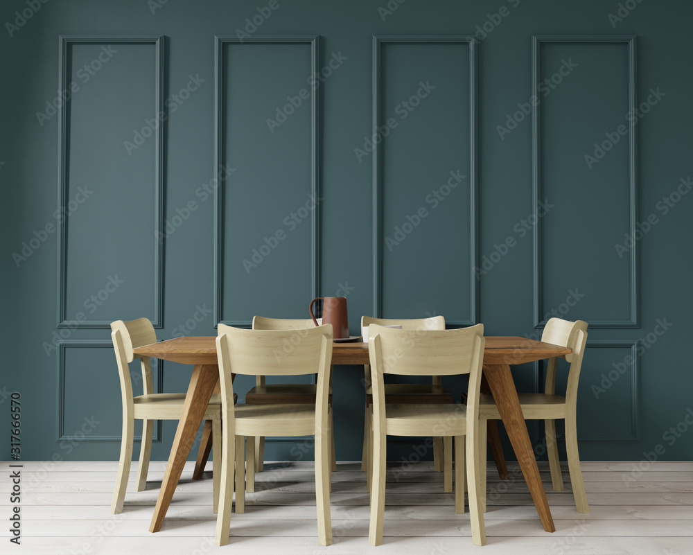 Dining room  copy space on art deco style green wall background, front view,3D rendering - obrazy, fototapety, plakaty 